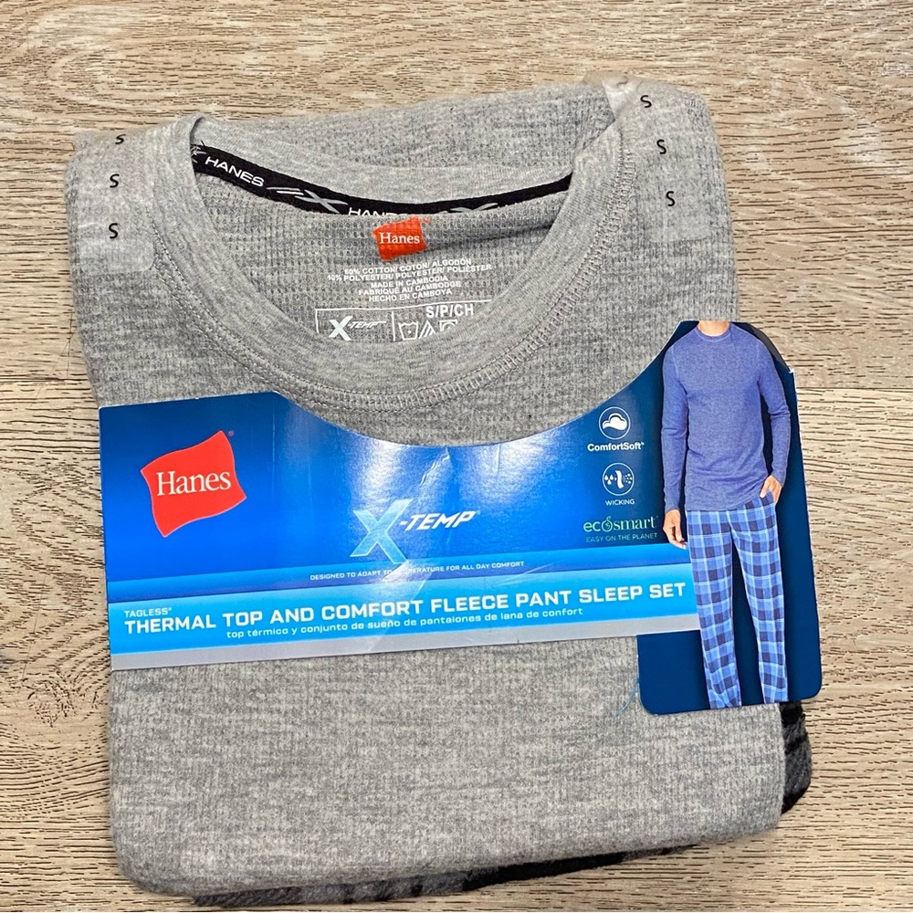 NEW Mens Hanes 2pc Pajama Set Long Sleeve and Fleece Pajama Pants SMALL